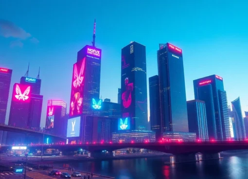 Showcasing technology in a vibrant city skyline with illuminated digital advancements.