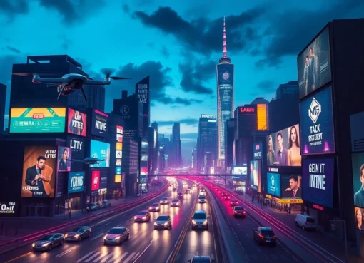 Dynamic city showcasing technology with illuminated drone traffic and futuristic electric vehicles.