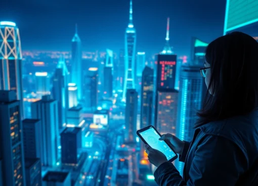 Showcasing technology in a vibrant cityscape with illuminated gadgets highlighting innovation.