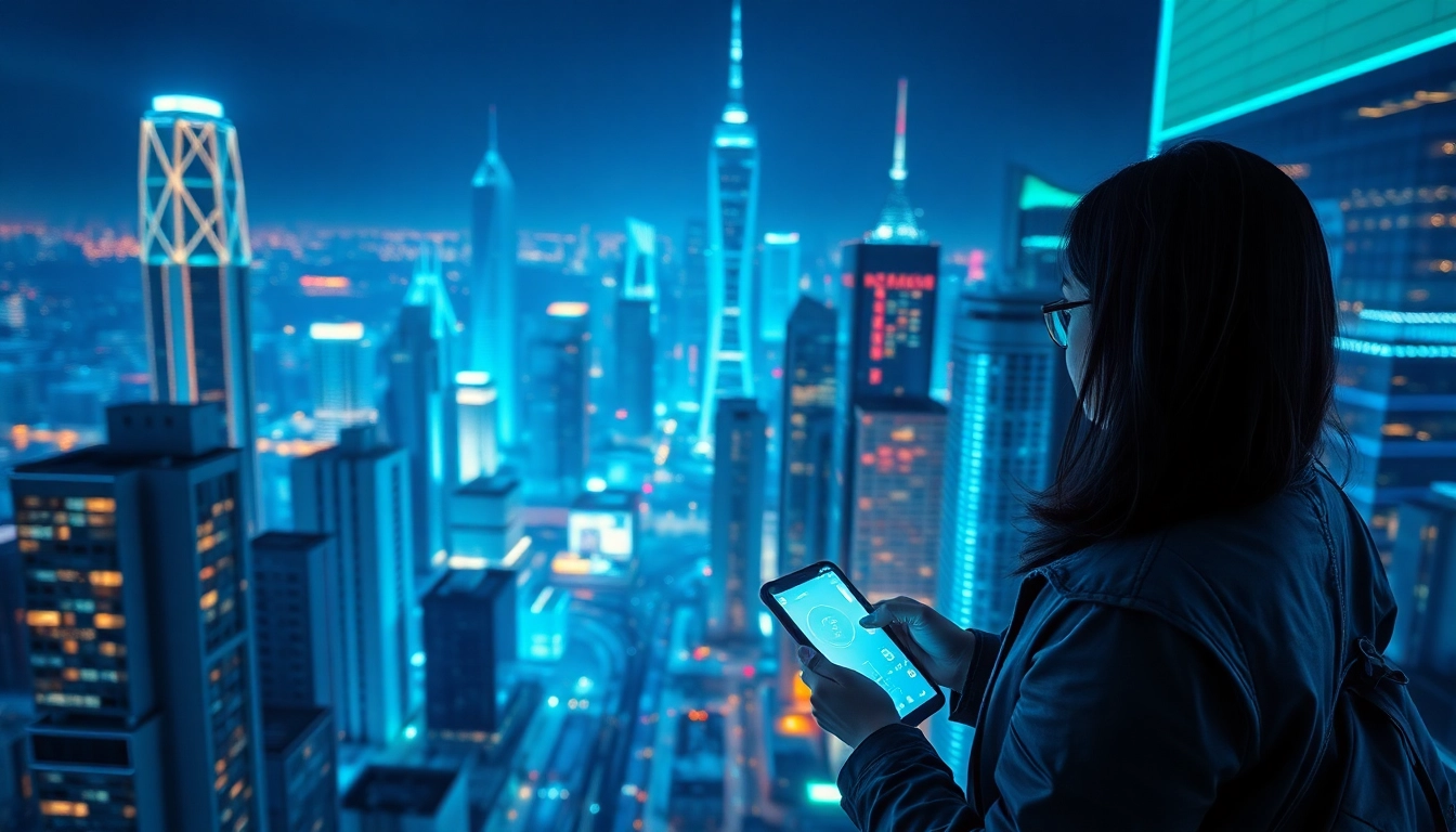Showcasing technology in a vibrant cityscape with illuminated gadgets highlighting innovation.