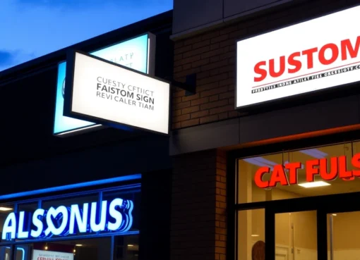 Showcase high-impact custom signs installed outdoors, featuring illuminated options that attract attention and enhance brand visibility effectively.