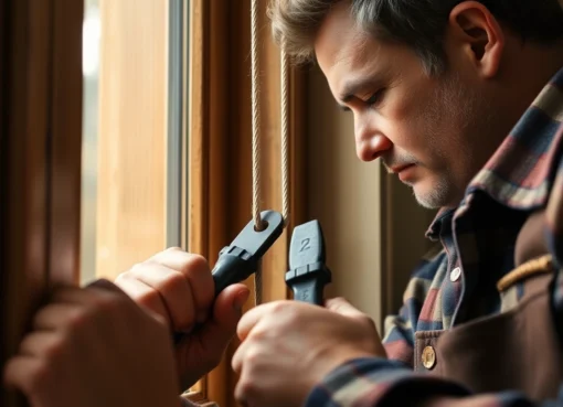 Step-by-step guide to broken sash cord replacement showing a technician attaching new cord to a sash window for easy operation.