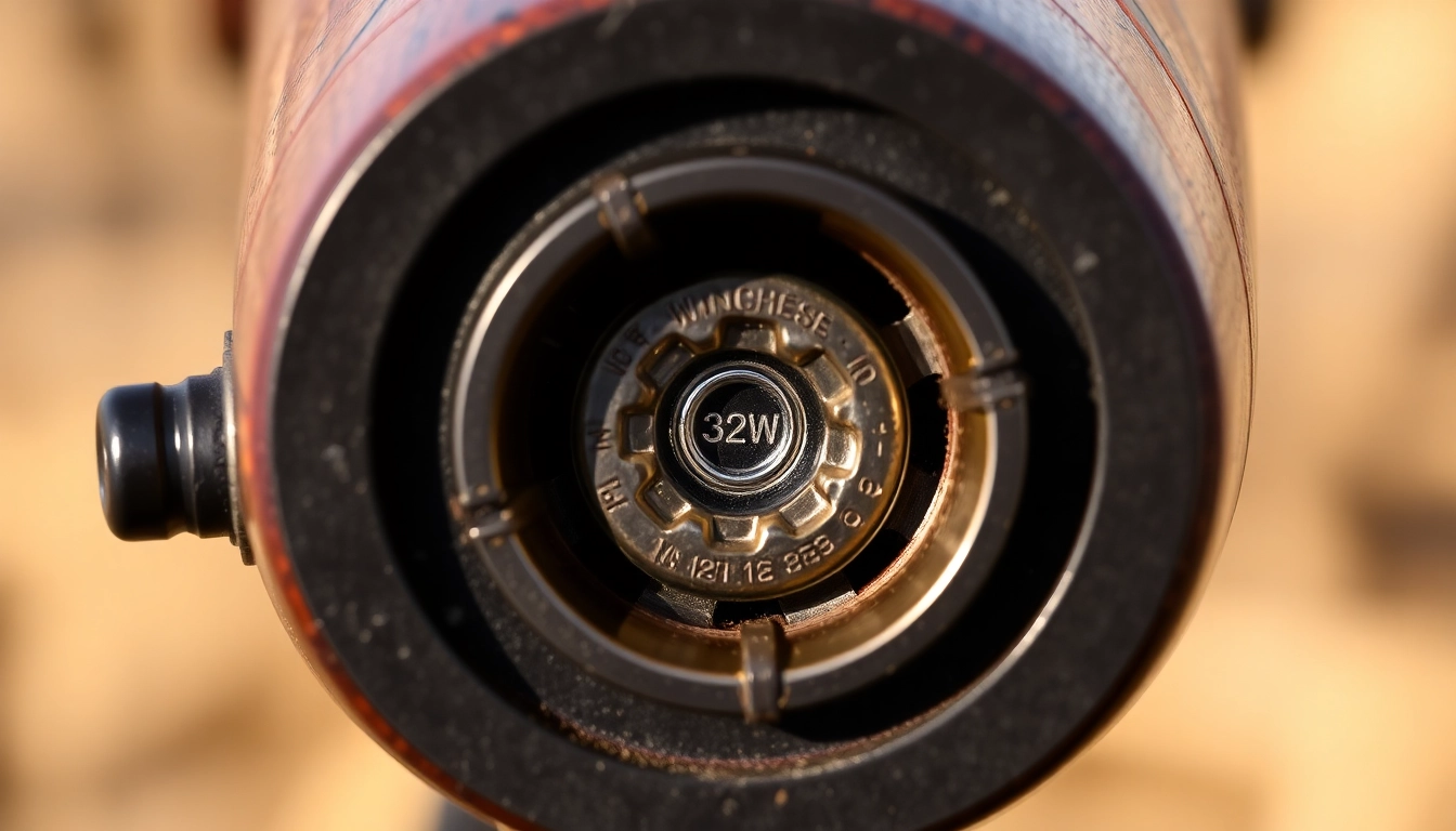 Detailed shot of a 32WIN cartridge in a Winchester rifle chamber, highlighting precision and craftsmanship for firearm enthusiasts.