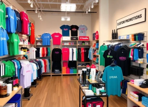 Display of promotional products in Louisville, including branded apparel, drinkware, and tech items, highlighting variety and quality for local businesses.