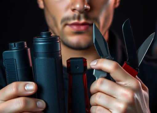 Collection of effective self-defense weapons including pepper spray, stun gun, and tactical knife designed for personal safety and protection.