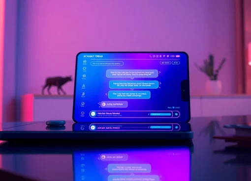 Futuristic AI chat interface on a sleek device in a dimly lit room, glowing with neon colors