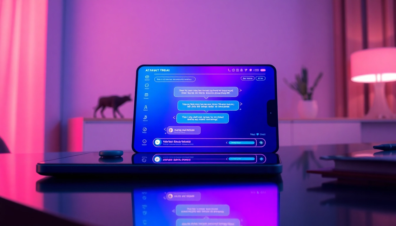 Futuristic AI chat interface on a sleek device in a dimly lit room, glowing with neon colors