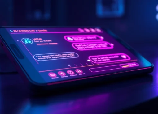 Futuristic AI chat interface glowing on a sleek digital device with neon colors and cyberpunk style.
