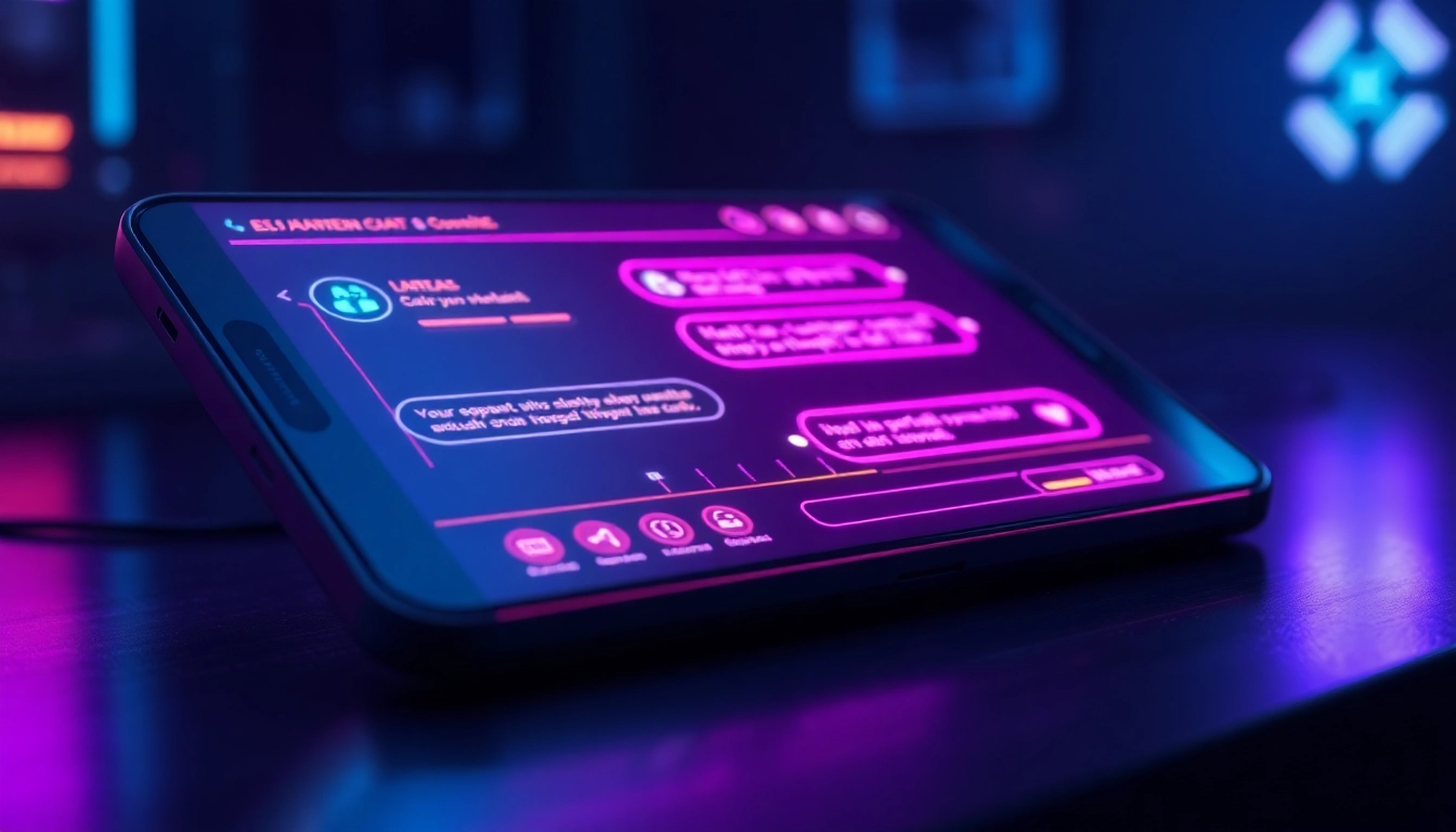 Futuristic AI chat interface glowing on a sleek digital device with neon colors and cyberpunk style.