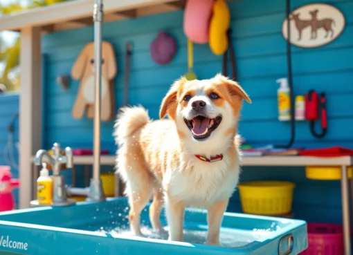 Wash your dog near me at a bright outdoor pet wash station with happy pets and colorful supplies.