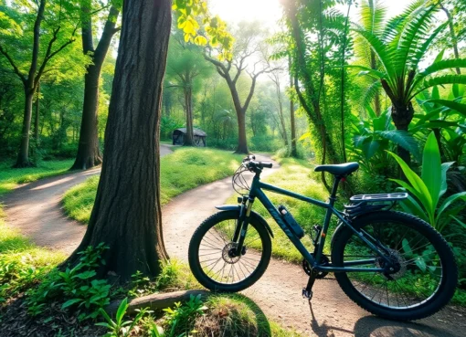 Trek adventure bike in Lombok's lush rainforest trail for outdoor exploration and trekking.