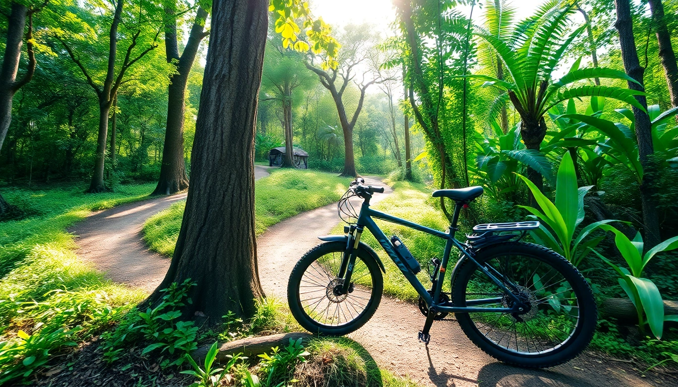 Trek adventure bike in Lombok's lush rainforest trail for outdoor exploration and trekking.