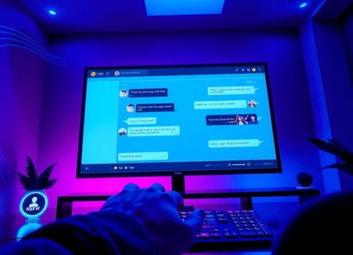 Futuristic digital interface of an AI chat platform with neon accents and suggestive content on the screen.