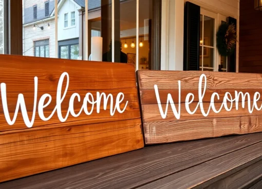 Beautiful wooden welcome signs warmly greeting guests at a farmhouse front porch, enhancing outdoor decor.