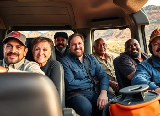 Truckers sharing real reviews at a busy highway rest stop, highlighting their experiences and insights on industry amenities and lifestyle.