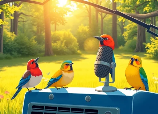 Bird Talk Radio hosts a lively outdoor broadcast with colorful wild birds and a natural setting, engaging listeners with nature sounds.