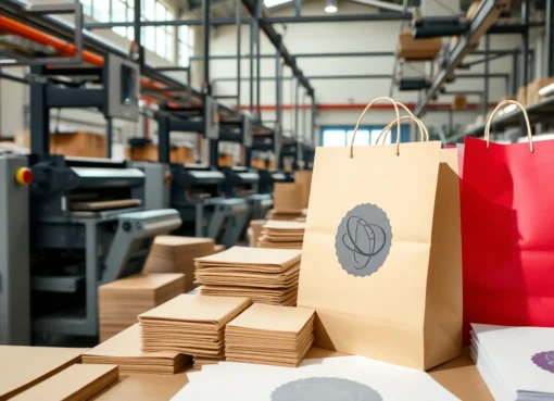 High-quality torebki papierowe z Lublin w różnych rozmiarach i nadrukiem, pokazane na tle nowoczesnej linii produkcyjnej do opakowań.