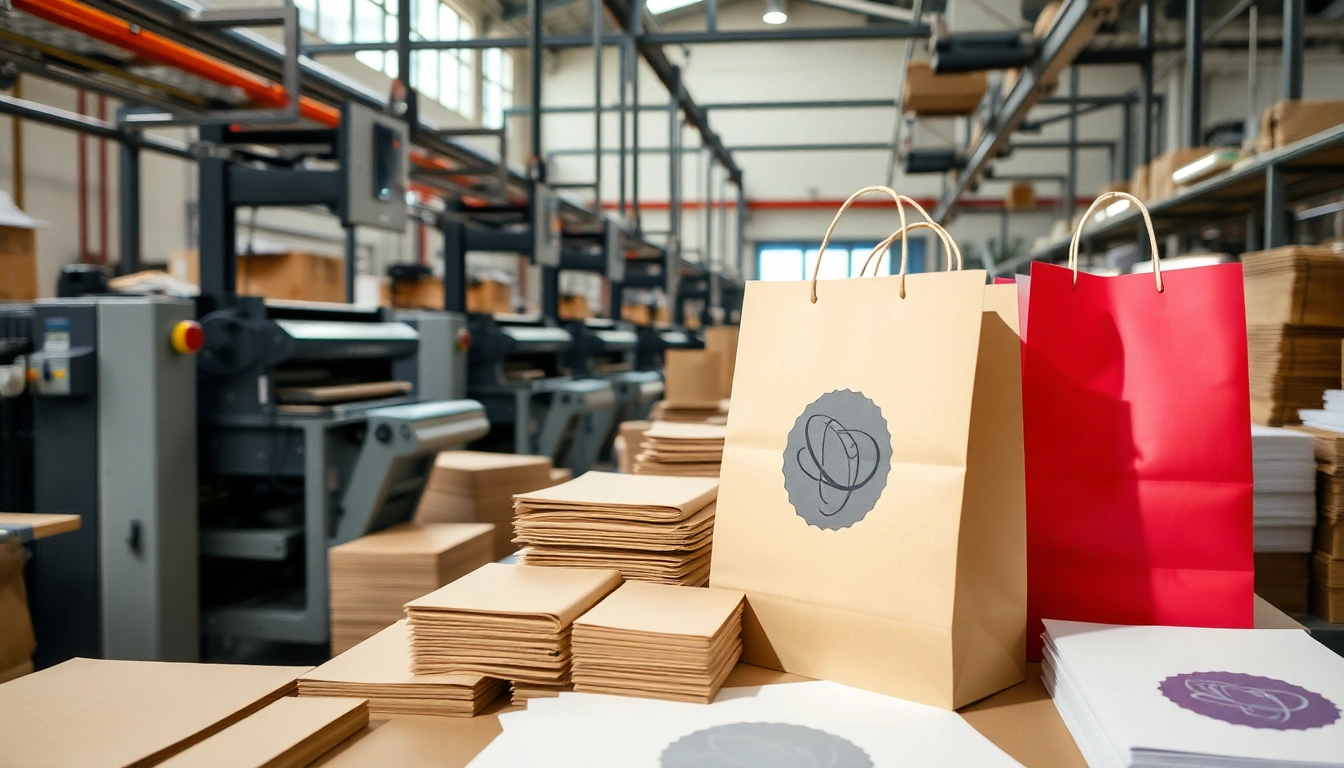 High-quality torebki papierowe z Lublin w różnych rozmiarach i nadrukiem, pokazane na tle nowoczesnej linii produkcyjnej do opakowań.