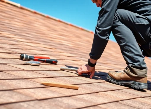 Experienced roofers repairing a house roof, showcasing quality craftsmanship and safety measures in progress.