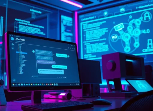 A futuristic workspace with AI chat interface and holographic AI models