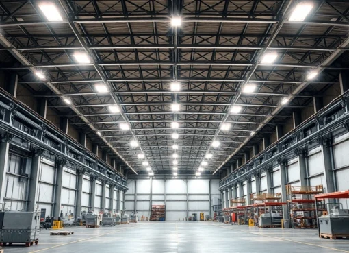 Moderne LED-Industriebeleuchtung in einer großen Fabrikhalle