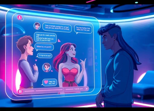 Futuristic AI chat interface with expressive characters and vibrant visuals