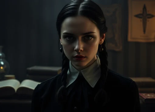 Обложка сериала Уэнсдей 1 сезон с главной героиней в готическом стиле, таинственная и загадочная атмосфера