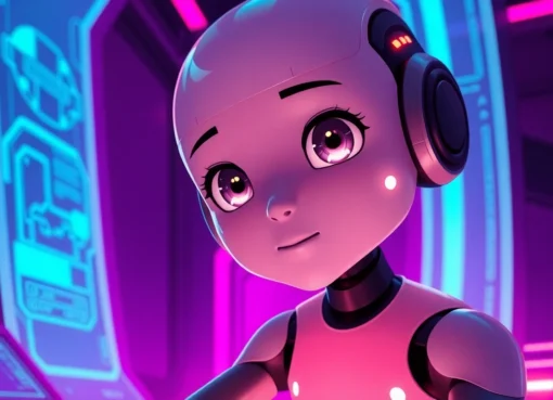 Futuristic AI character in a neon-lit virtual environment with holograms and vibrant colors.