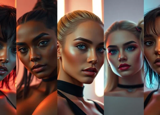 Dynamic NSFW AI Generator scene: five realistic characters in cinematic glow.