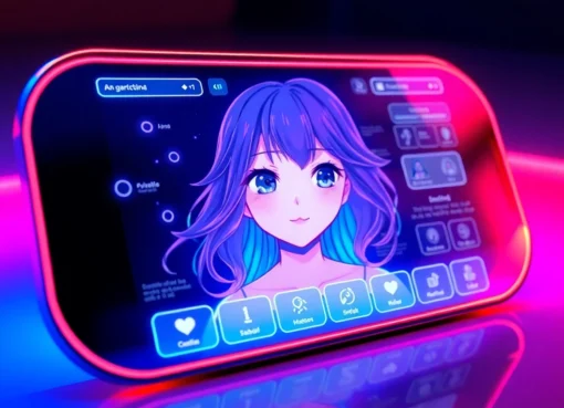 Futuristic AI girlfriend interface with customizable anime avatar on holographic display