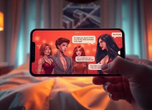 Close-up of a smartphone screen showing a provocative AI chat interface with customizable avatars and flirtatious dialogue.