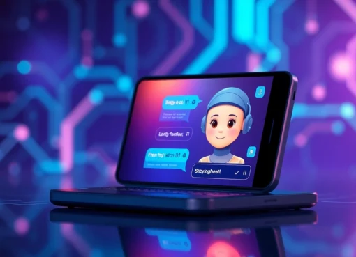 Futuristic AI chatbot interface on a sleek device with a customizable AI character and digital conversation elements.