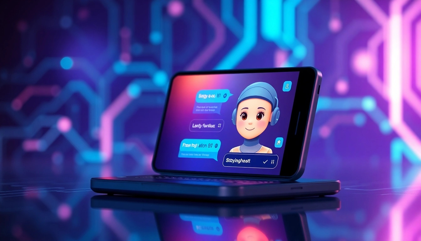 Futuristic AI chatbot interface on a sleek device with a customizable AI character and digital conversation elements.