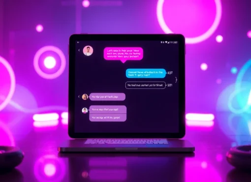 Futuristic chat interface on a tablet with neon lights, representing spicy AI conversations in a modern setting.