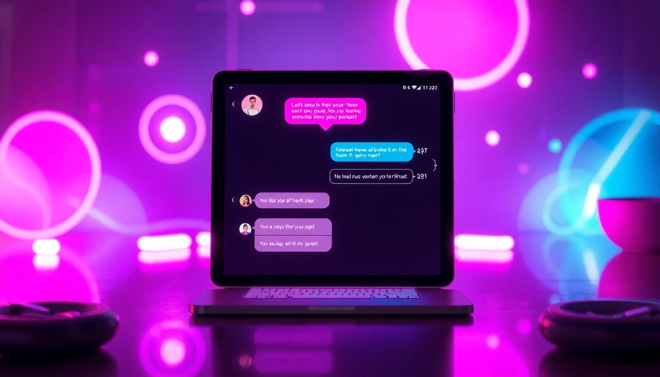 Futuristic chat interface on a tablet with neon lights, representing spicy AI conversations in a modern setting.