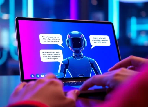 A person using a modern device to interact with a customizable AI character chatbot, with neon lighting and futuristic design elements.
