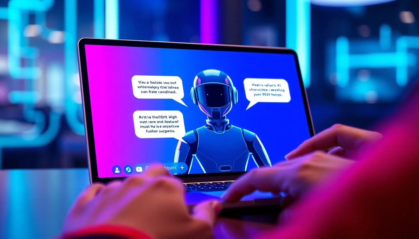 A person using a modern device to interact with a customizable AI character chatbot, with neon lighting and futuristic design elements.