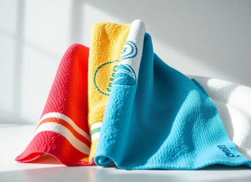 Custom towels from a leading towel factory Pakistan, featuring embroidery, printing, and woven logos in a professional setting, highlighting quality and customization options for brands.