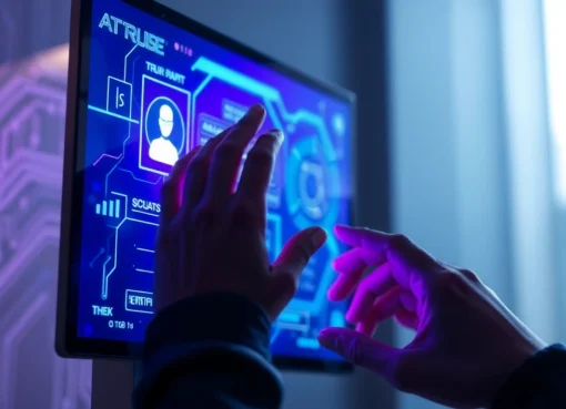 Close-up of a person interacting with a futuristic AI chatbot interface on a digital screen with glowing holographic elements.
