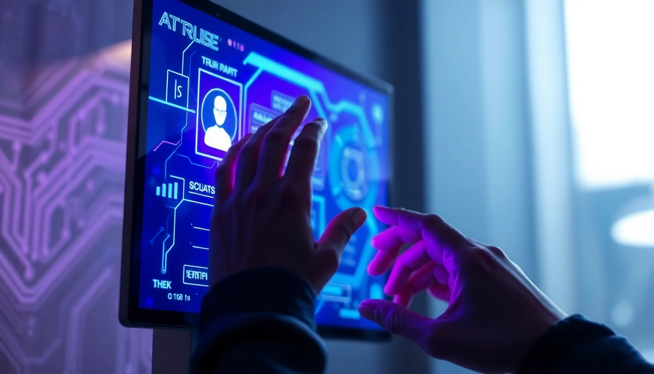 Close-up of a person interacting with a futuristic AI chatbot interface on a digital screen with glowing holographic elements.