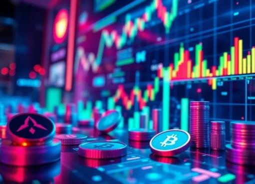 Cryptocurrency market analysis showing digital coins and trading charts in a professional