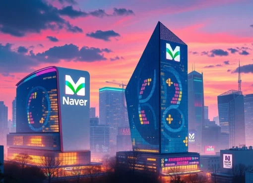Naver's innovative platform seamlessly connects users with modern South Korean cityscape visuals and digital services, emphasizing community and technology.