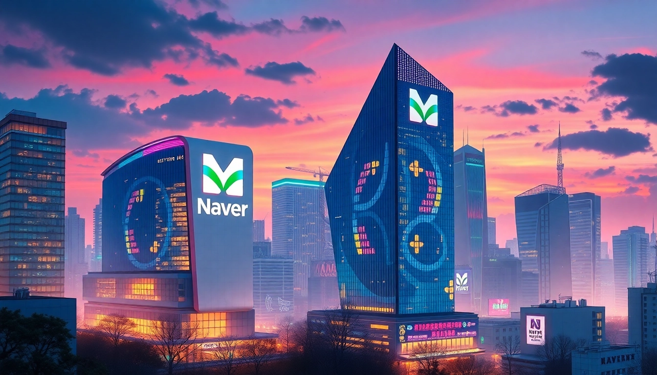Naver's innovative platform seamlessly connects users with modern South Korean cityscape visuals and digital services, emphasizing community and technology.