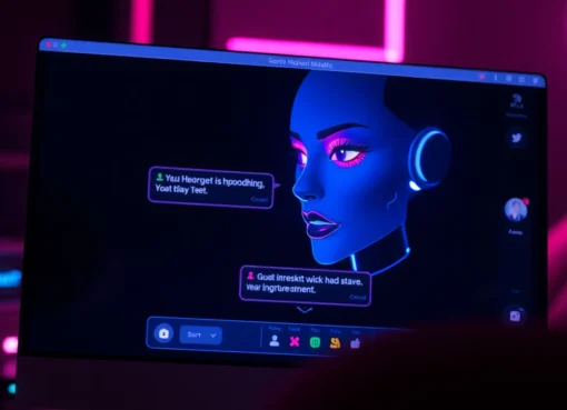 Futuristic digital interface with an alluring AI chatbot avatar in a neon-lit, cyberpunk style.