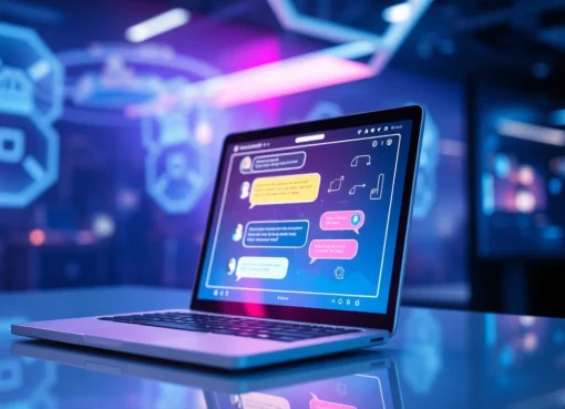 An illustration of a futuristic AI chatbot interface with glowing chat bubbles in a high-tech environment.