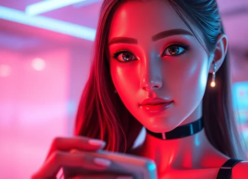 AI girlfriend engaging in a personalized conversation on a sleek device, showcasing advanced virtual companionship features.