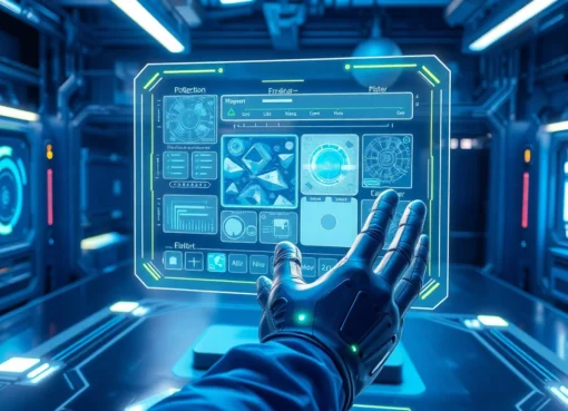Futuristic AI workspace with holographic image editing tools and vibrant lighting.