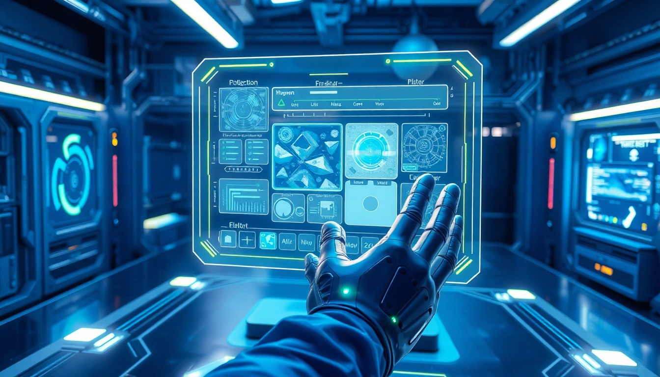 Futuristic AI workspace with holographic image editing tools and vibrant lighting.