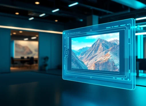 A futuristic digital workspace with an AI interface editing an image with holographic controls and vibrant lighting.