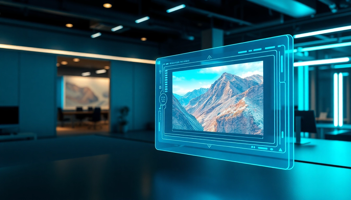A futuristic digital workspace with an AI interface editing an image with holographic controls and vibrant lighting.